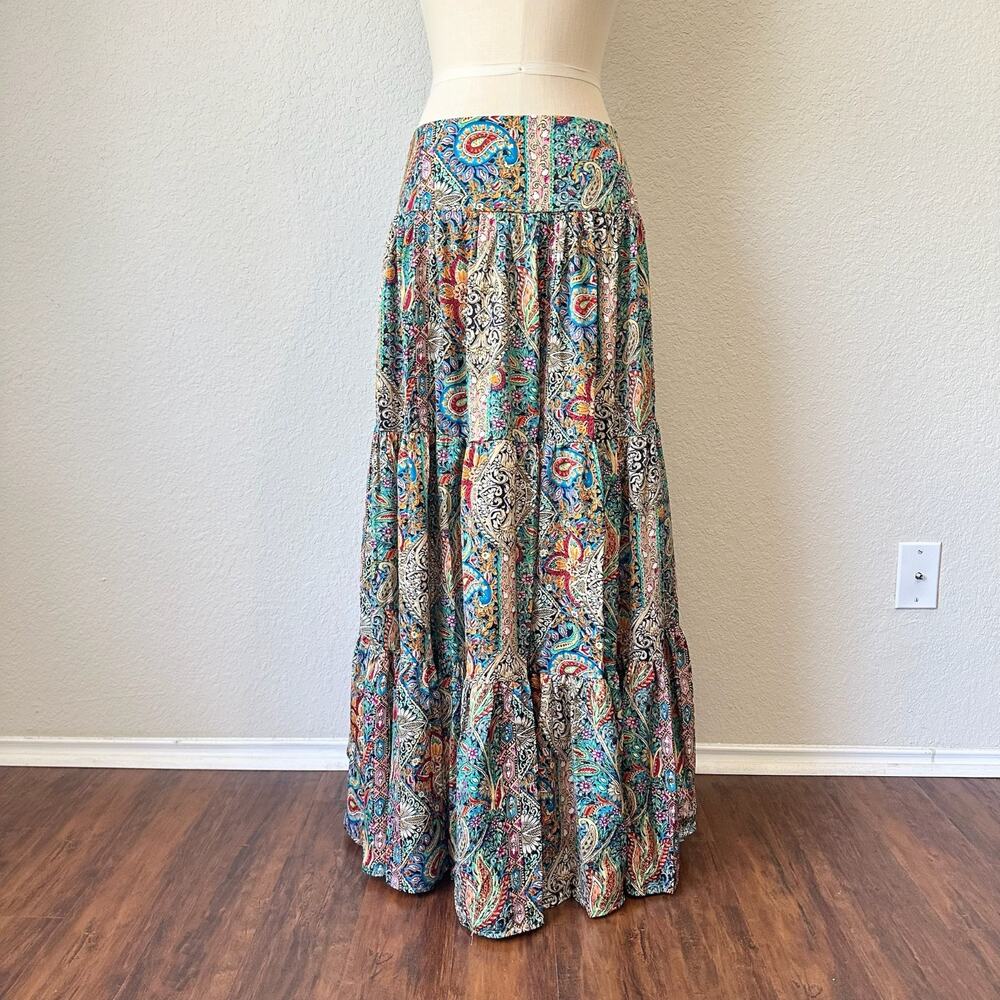 NATURAL LIFE Maxi Skirt Paisley Boho Tiered Smocked Flowy Peasant NWT